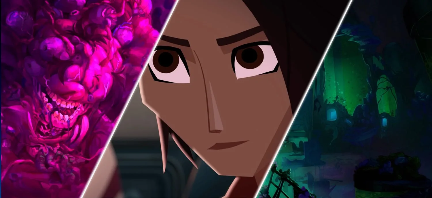 Three panels of Lightfold show art: a magenta eldritch mass, a close-up of a character's eyes, and a green-lit ruin.